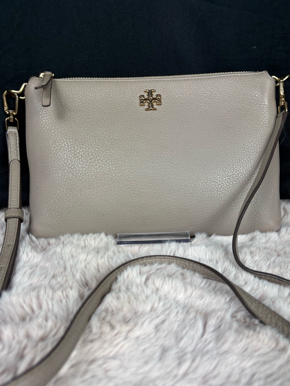 Tory Burch Kira Pebbled Leather Top-Zip Crossbody Gray Heron Gold Hardware